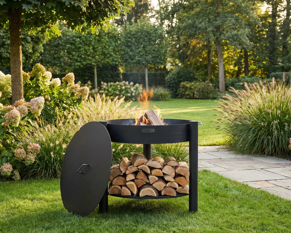 COOK KING fire bowl with a lid and firewood in a garden with hydrangeas